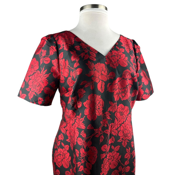 NWT Talbots Back Bow Floral Jacquard A-Line Dress Red Black Lined Zip Size 14 - Picture 5 of 16